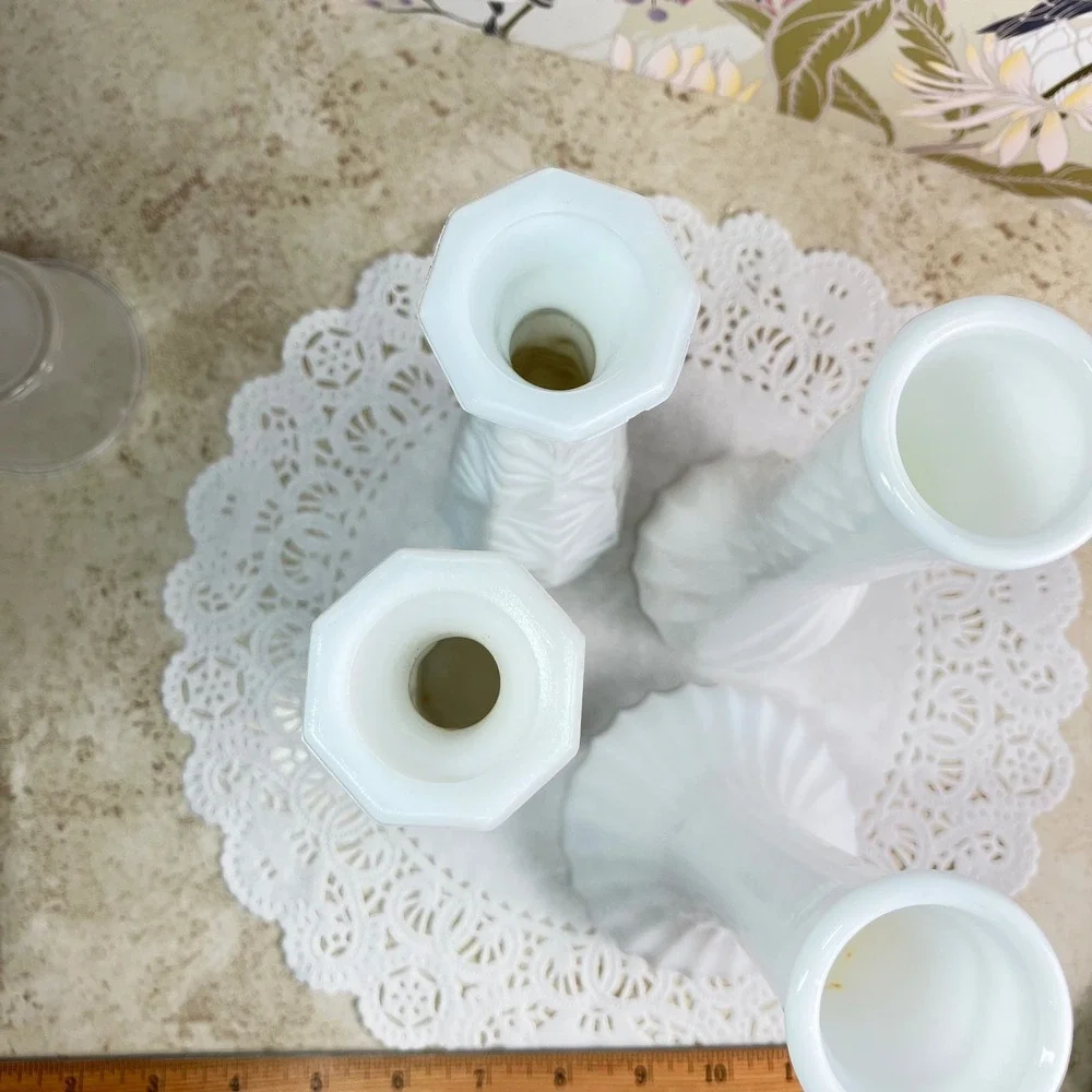 Hoosier Glass Bud Vases Set of 4 Vintage Milk Glass White Geometric Swirl